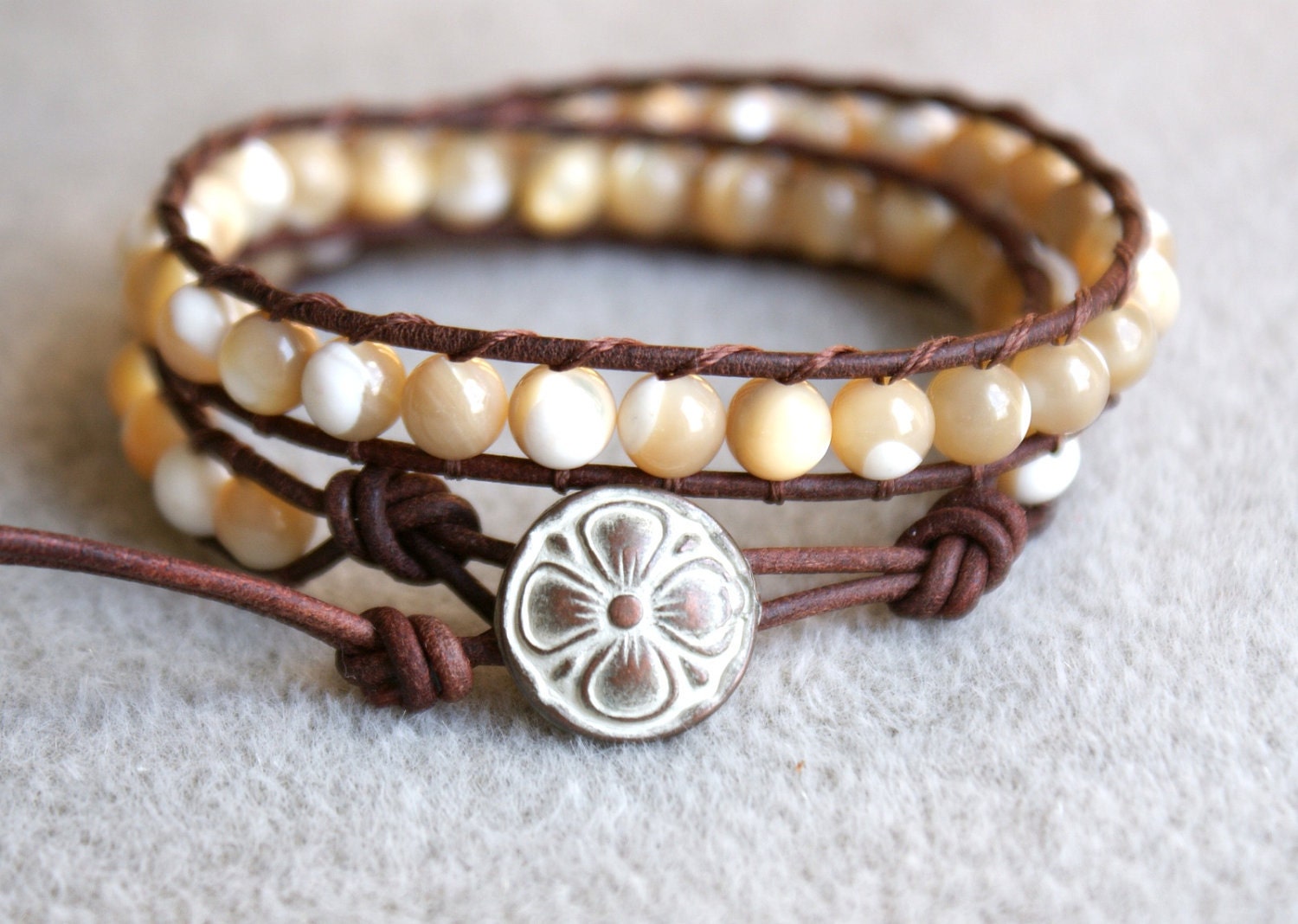 Natural Mother Of Pearl boho beaded leather bracelet, 2x, double wrap, Chan Luu Style, brown, white, boho glam, cottage chic, trendy jewelry