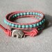 Blue Turquoise on Coral leather boho beaded leather wrap bracelet, Good Luck elephant, double 2x Wrap bracelet, Chan Luu Style