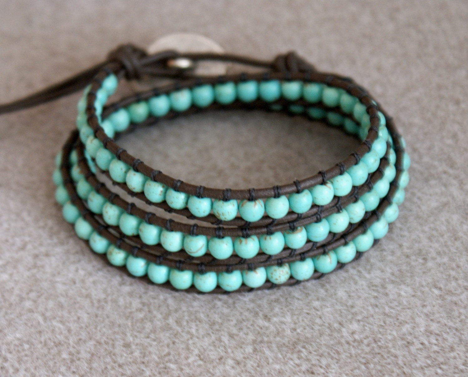 Turquoise magnesite boho beaded leather wrap bracelet, Good Luck elephant, 3 x Wrap bracelet, Chan Luu Style