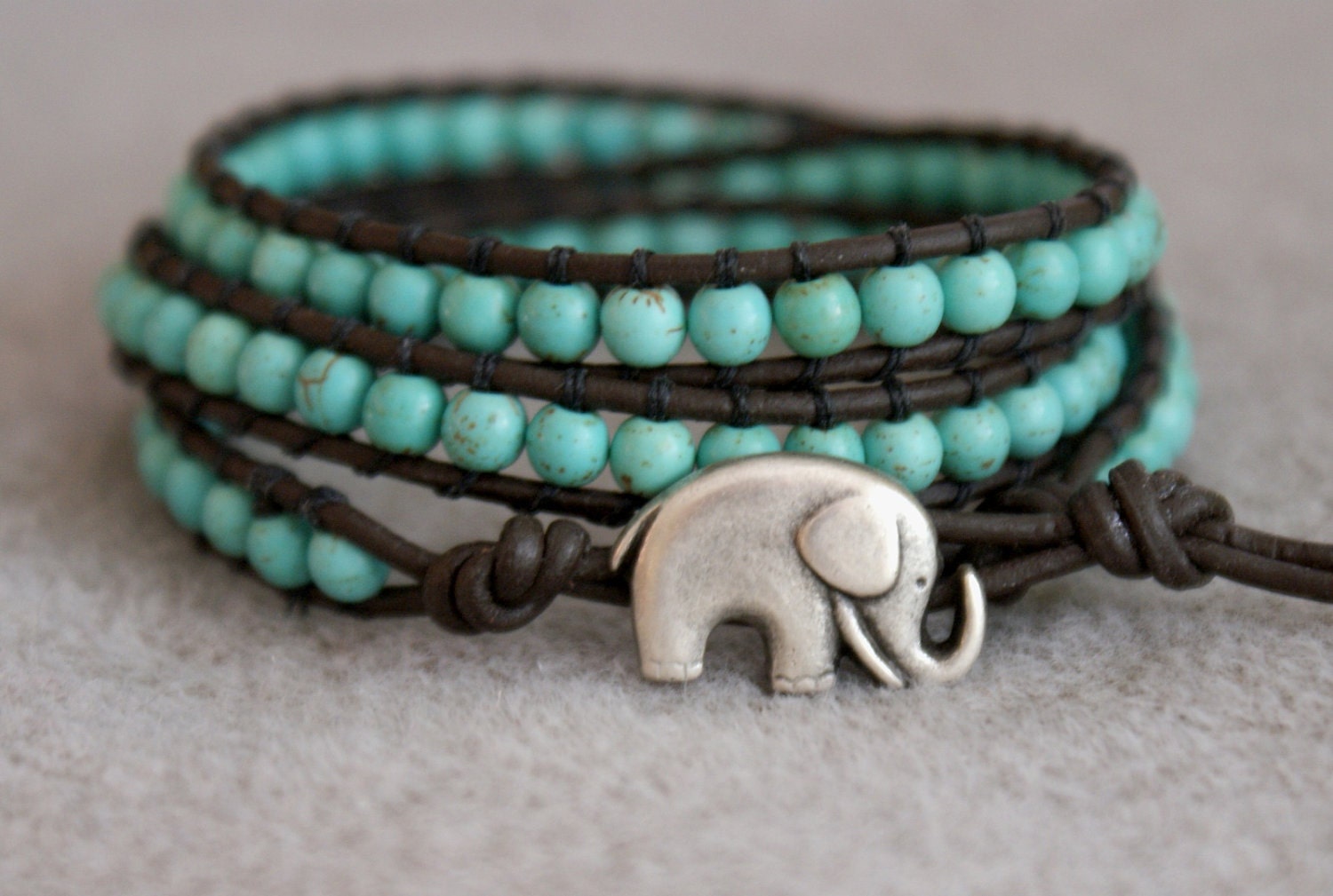 Turquoise magnesite boho beaded leather wrap bracelet, Good Luck elephant, 3 x Wrap bracelet, Chan Luu Style