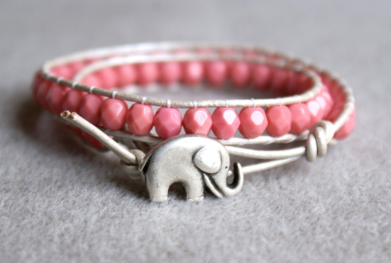 Pink beaded leather wrap bracelet, good luck elephant, 2x Wrap bracelet, Chan Luu Style, pink, silver, pearl