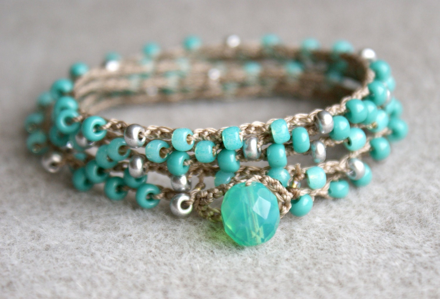 Turquoise boho crochet wrap bracelet or necklace, boho chic, bohemian jewelry, green, silver