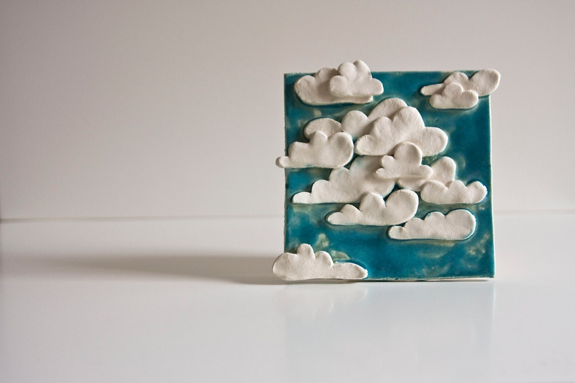 Clouds in the Sky, ceramic tile, decorative wall art for kids, unique pottery home decor, READY TO SHIP - karoArt