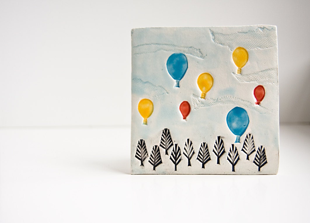 Birthday Balloons, ceramic tile, colorful hot air balloons, happy birthday gift, kids wall decor, cheerful summer home decor by karoArt
