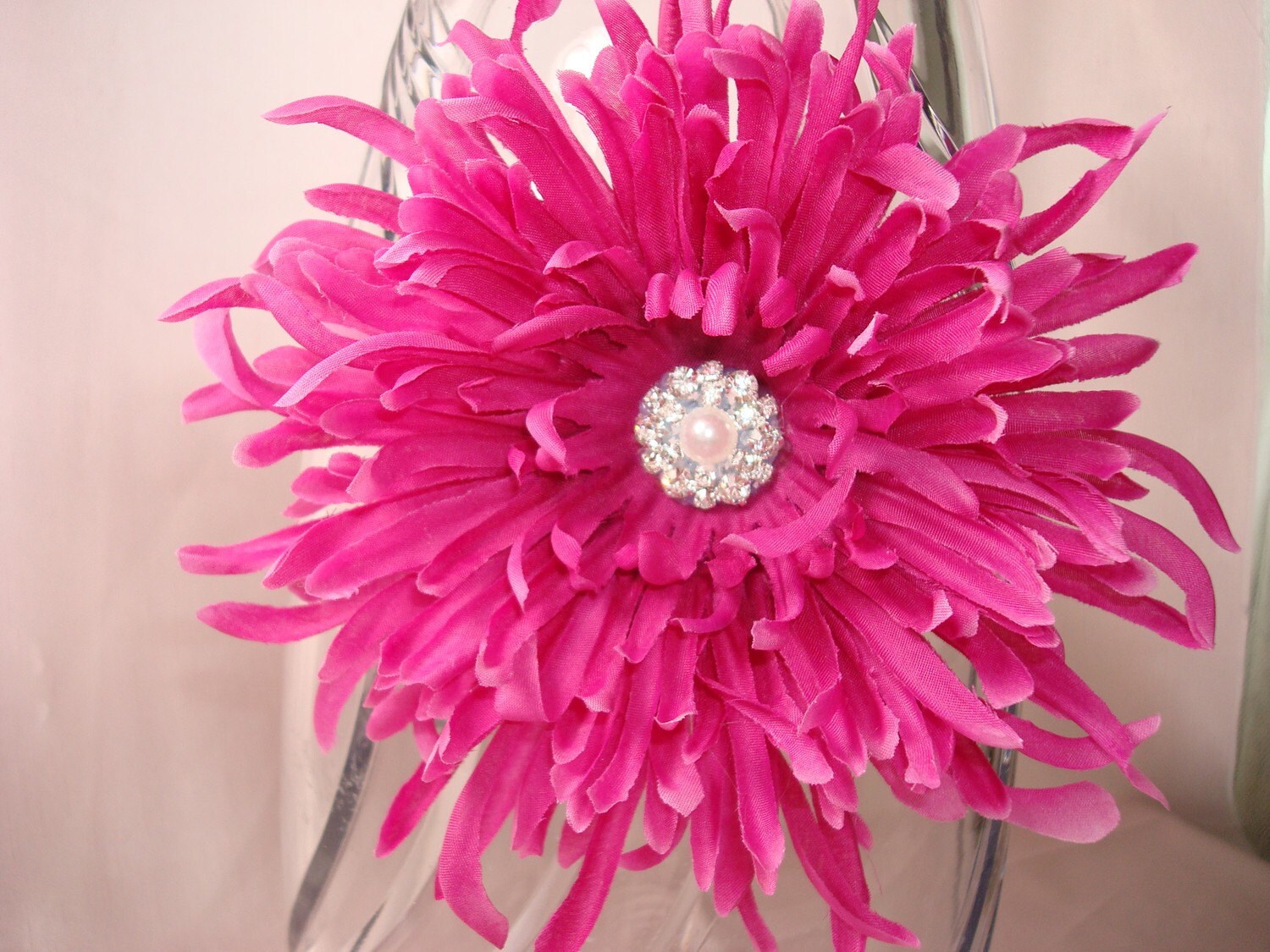 Spring Collection Little Girl Glam / Stunning Fuchsia Detachable Mum Embellished with Pearl and Rhinestone Center on Matching Stretch Fuchsia Color Ribbon ( Fits Infants, Toddler, and Adults)