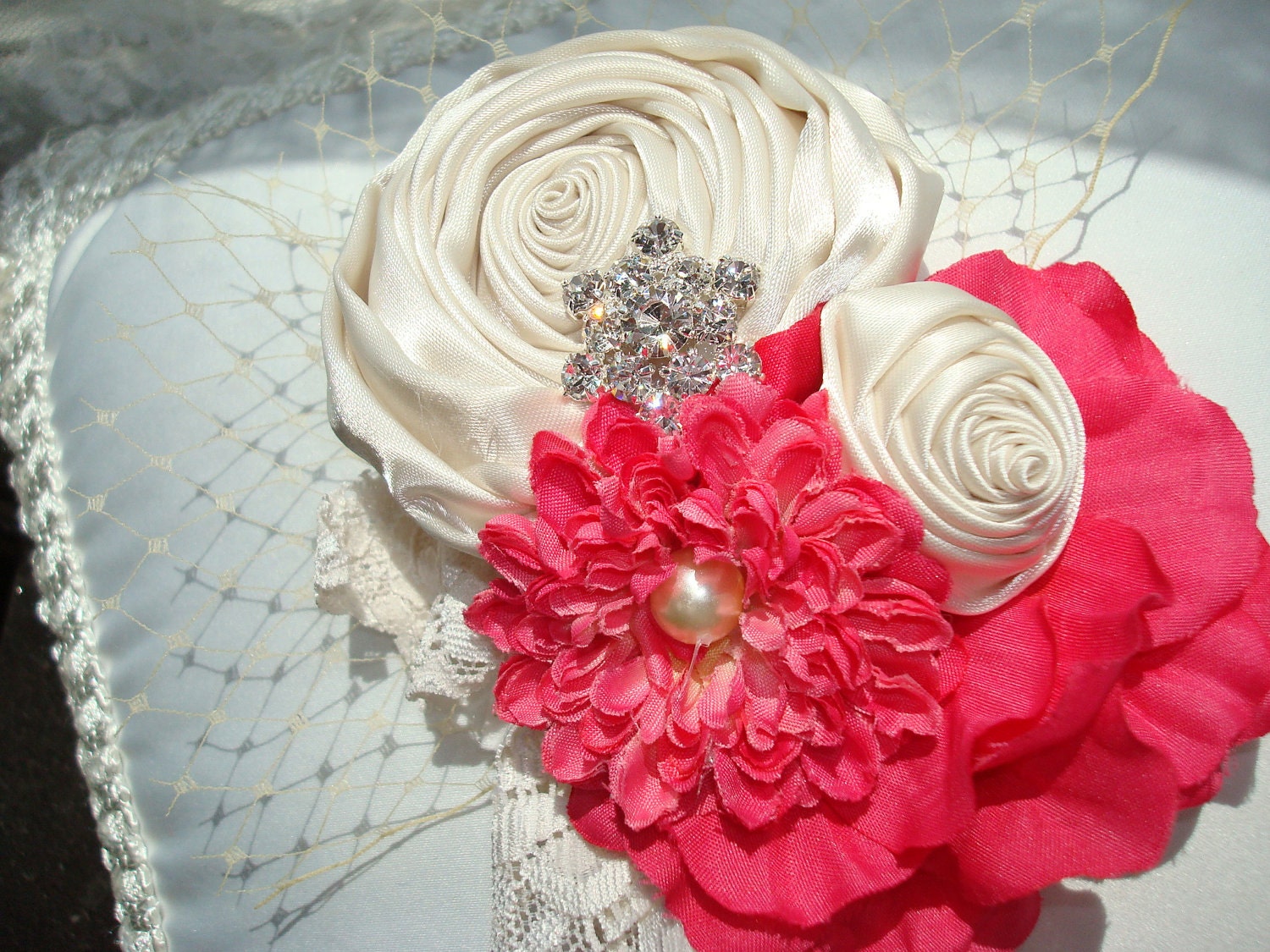 Baby Flower Headbands, Flower Headband, Womens Headband, Headbands, Coral and Cream / Cream Rosettes Flowers / Cream Stretch Headband