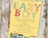 baby boy shower invitation with a train printable digital file (item 1229c)