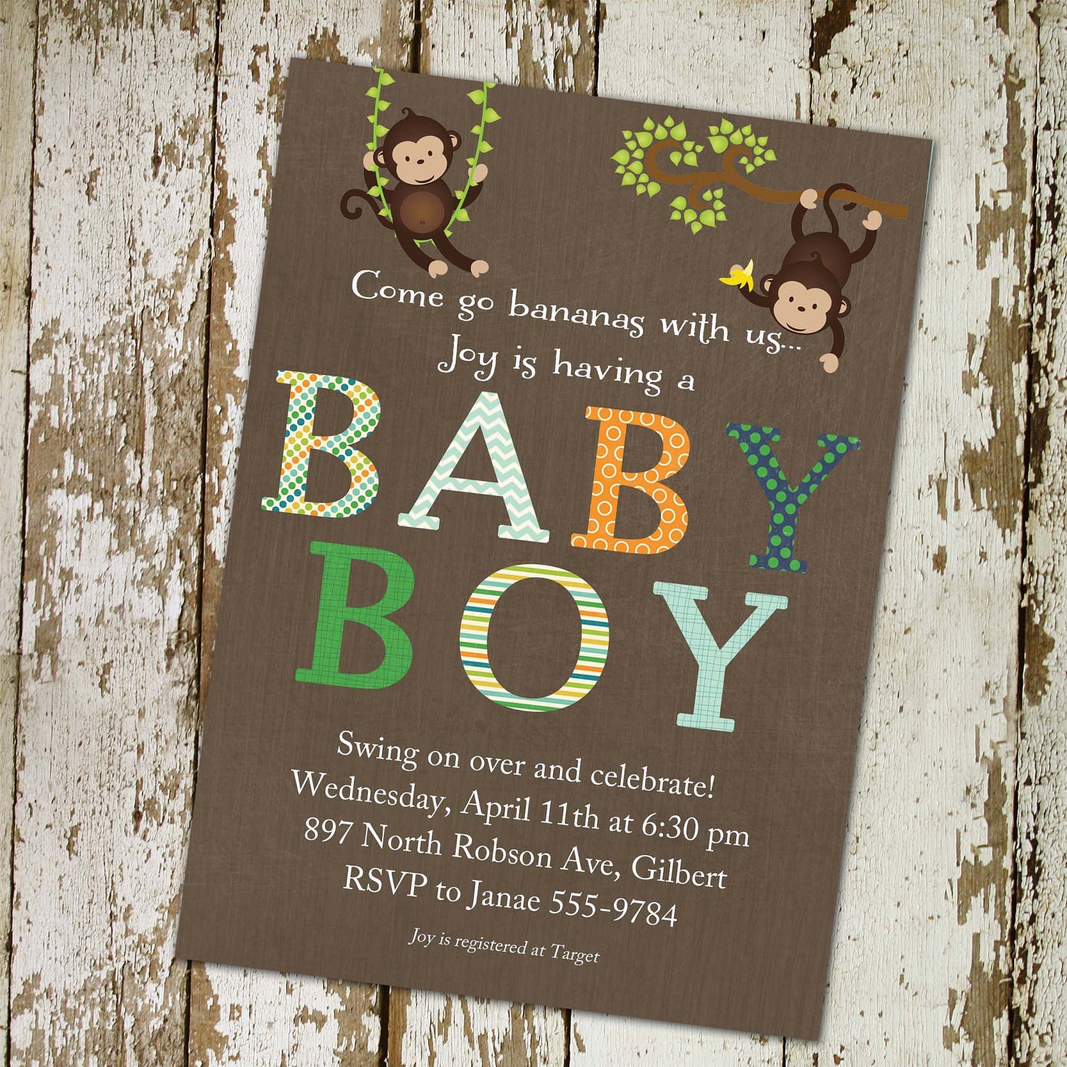 monkey baby shower invitations, digital, printable file (item 121b)