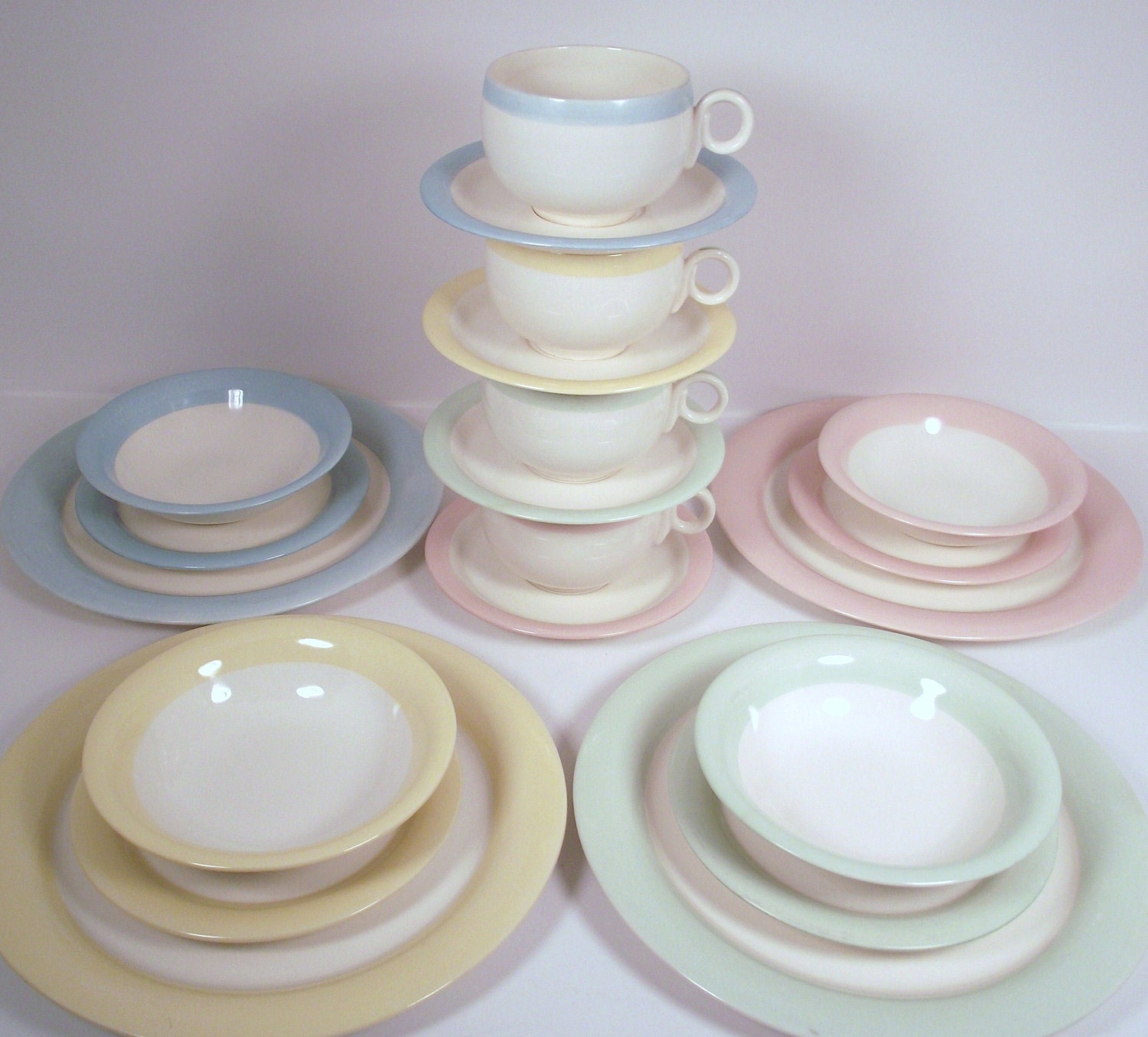 Vintage Homer Lauglin Eggshell Swing Organdy Pastels 4 Placeware Settings Blue Yellow Pink Green Art Deco 20 Pieces