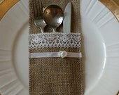 Burlap  silverware pockets - place cards set of 6