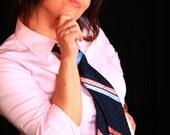 SALE - The Sensible Seventies Tie: Navy Necktie with Pink & Light Blue Stripes and Swarovski Rhinestones