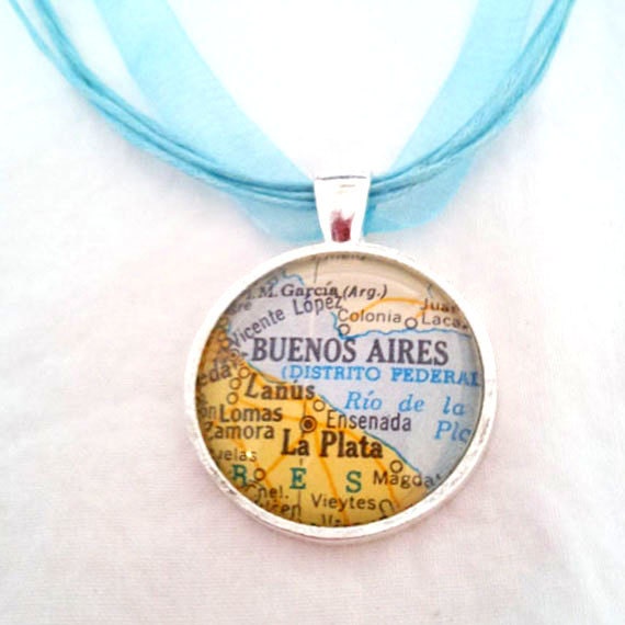 Buenos Aires Argentina Vintage Map Pendant with Necklace - OOAK - Necklace Options - Free Shipping
