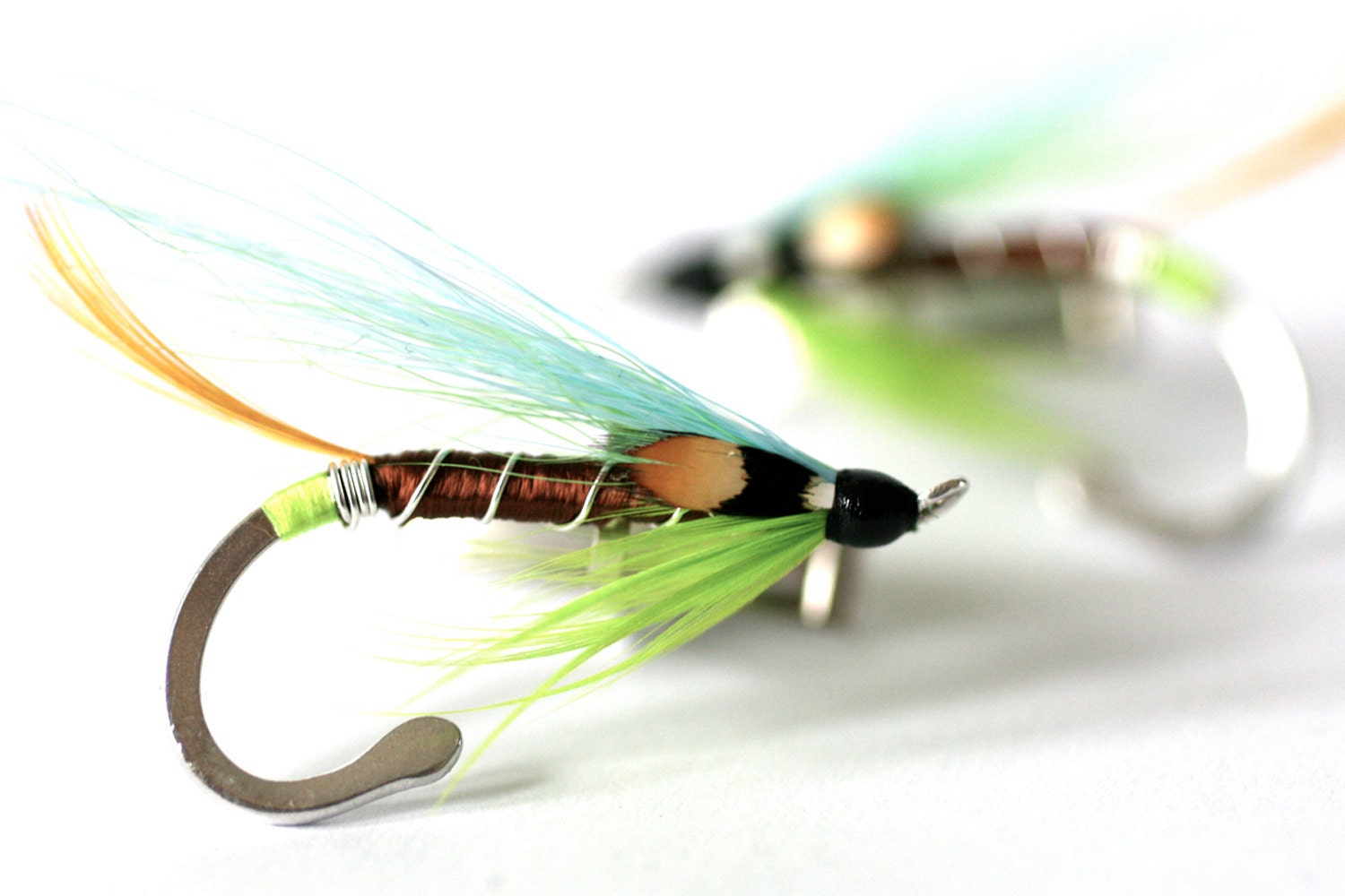 Fly Fishing Silver Cufflinks - Hand tied, JC Blue and Green feathers