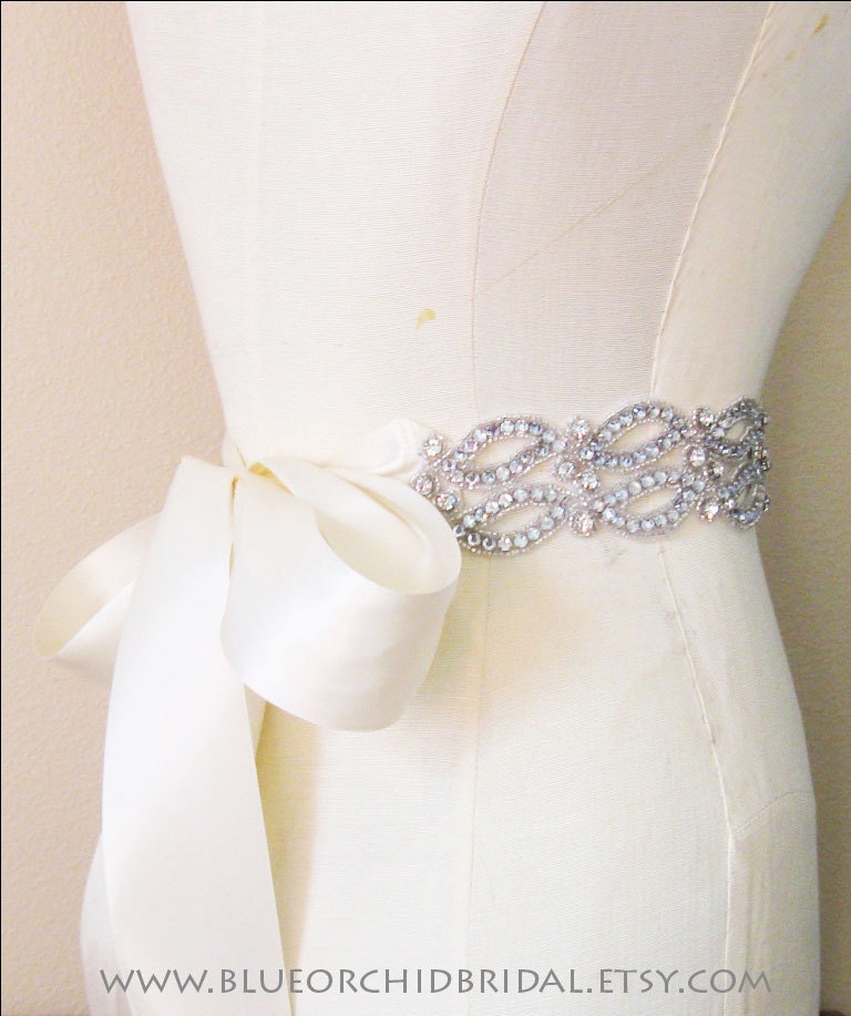 Crystal Sash, Wedding Sash, Bridal Sash, Rhinestone Sash - Double Wave Ivory