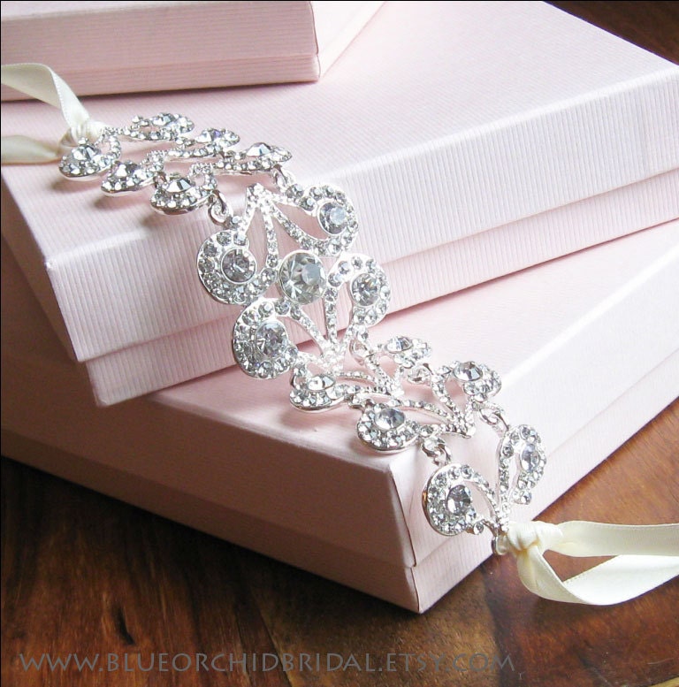 Crystal Bridal Headband Wedding Head Piece Rhinestone Headband Art Deco Inspired Ivory Ribbons