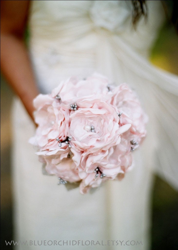 Bridal Bouquet Pink & Grey Fabric Flower Wedding Bouquet