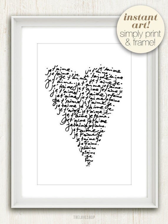 Je Taime (I Love You) French Quote (in Jet Black and White) No. 014 - 4x6 Printable Digital Download Collage Sheet. FREE Delivery via email
