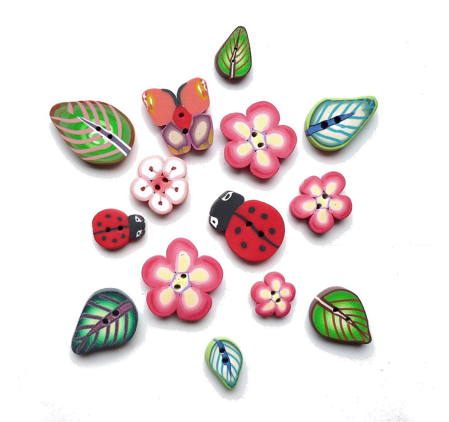 BUTTONS Flower Ladybug Butterfly Leaf - Set of 14 - handmade in polymer clay - boutons fleur feuille