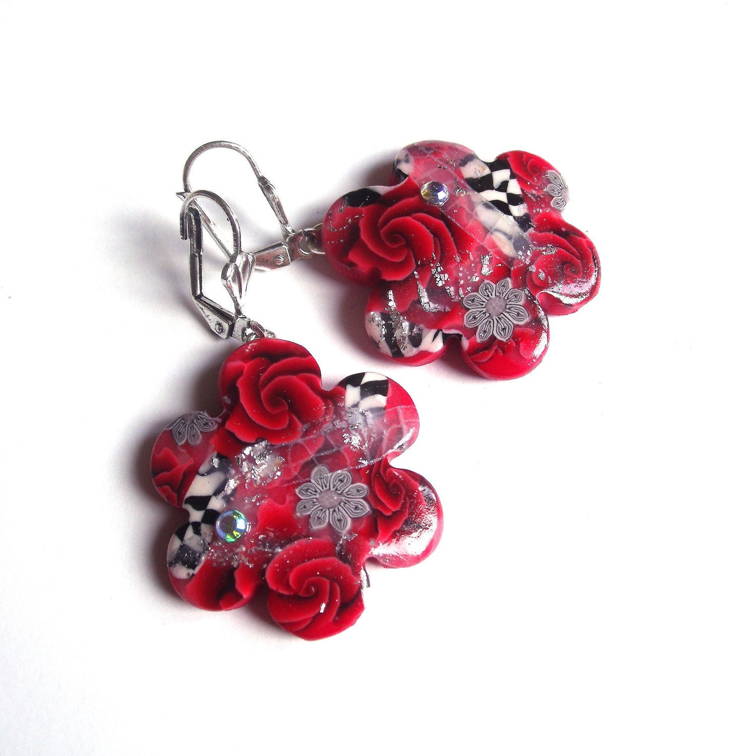 Red FLOWER earrings - polymer clay - grey black white - red roses millefiori