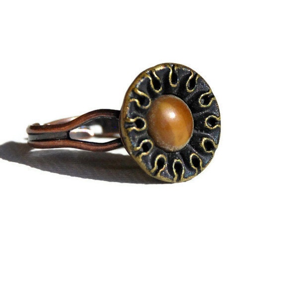 Antique Button Ring, Victorian brass button brown flower