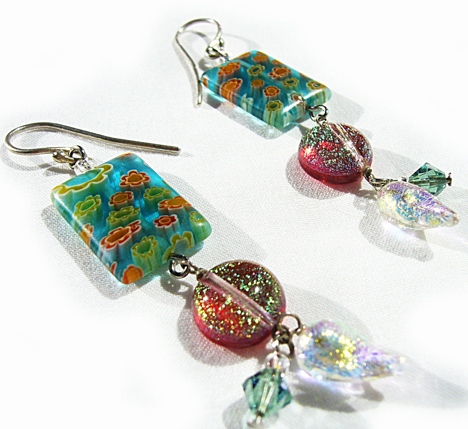 Millefiori Lampwork Dangle Earrings with Silver Earwires