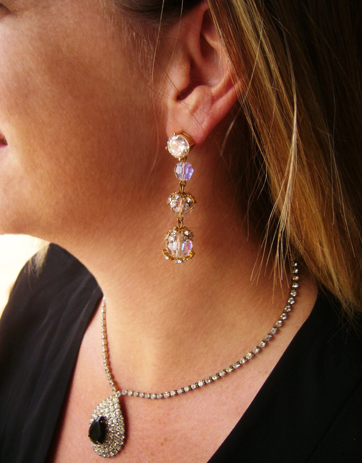 Aurora Borealis Crystal Dangle Earrings Upcycled from 1960s & 1980s Elements
