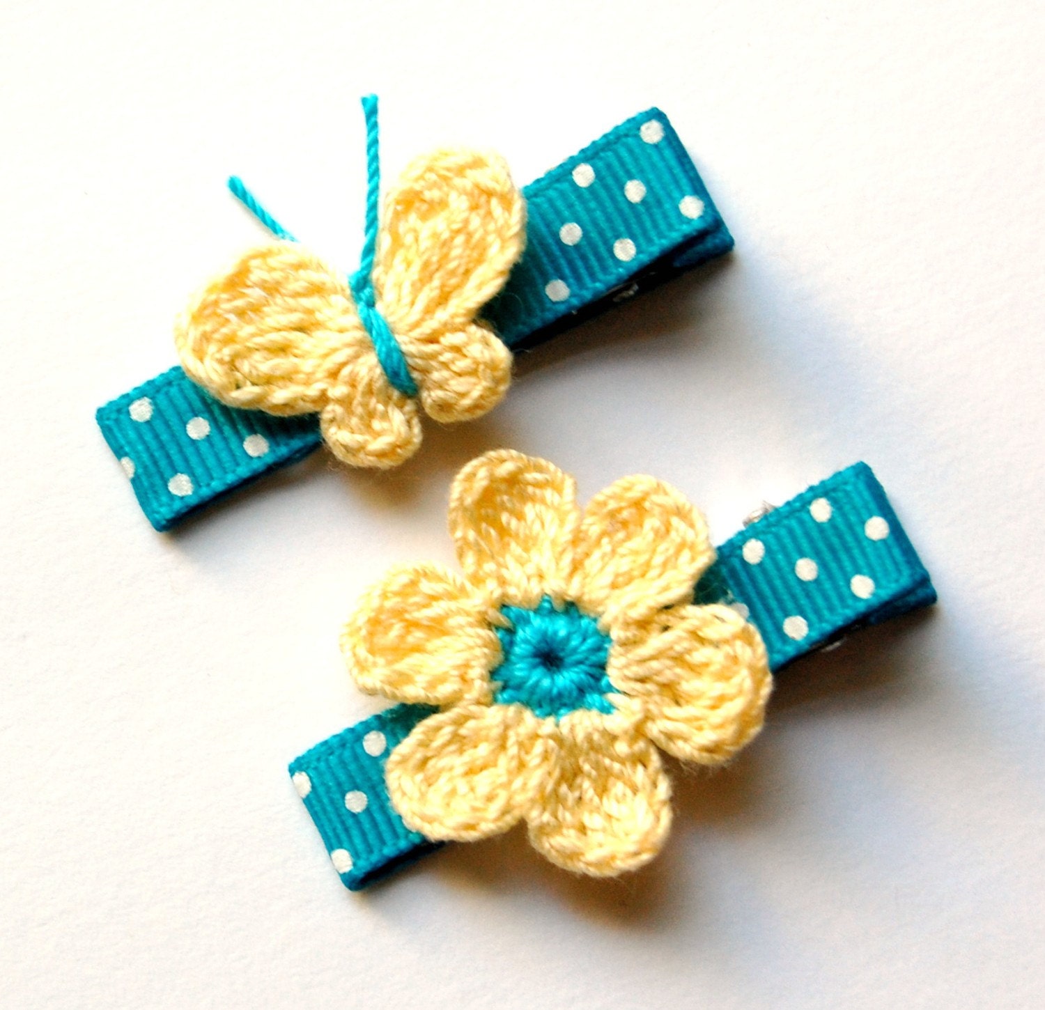 Turquoise and Light Yellow Crochet Flower and Butterfly Hair Clips Set of 2,Girl, Baby, Toddler, Children clippies