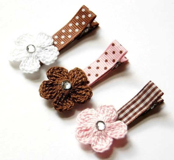 Baby Hair Clips - Crochet Hair Clips -  Baby Girl Hair Clips - Toddler Hair Clips - Neapolitan Crochet Flower Hair Clips Set of 3