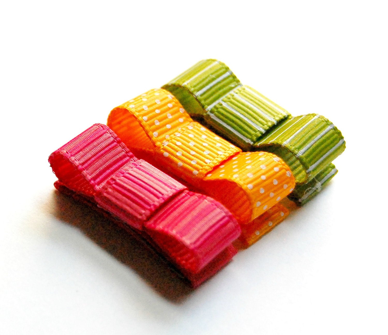 Baby Hair Clips - Baby Hair Snaps - Hair Bow Clips - Pink, Orange, and Green Baby Bow Hair Snaps Set of 3
