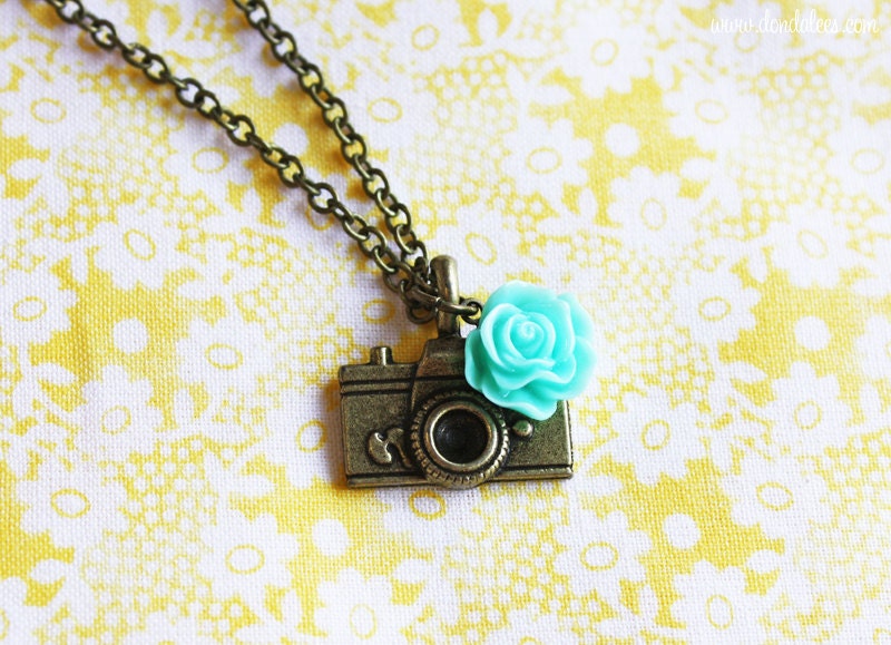 Shutter Bug- Antiqued Brass Camera Charm Necklace- Aqua Rose