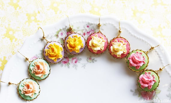 Sherbet Rose- Shabby Chic Cameo Flower Earrings- Vintage Style