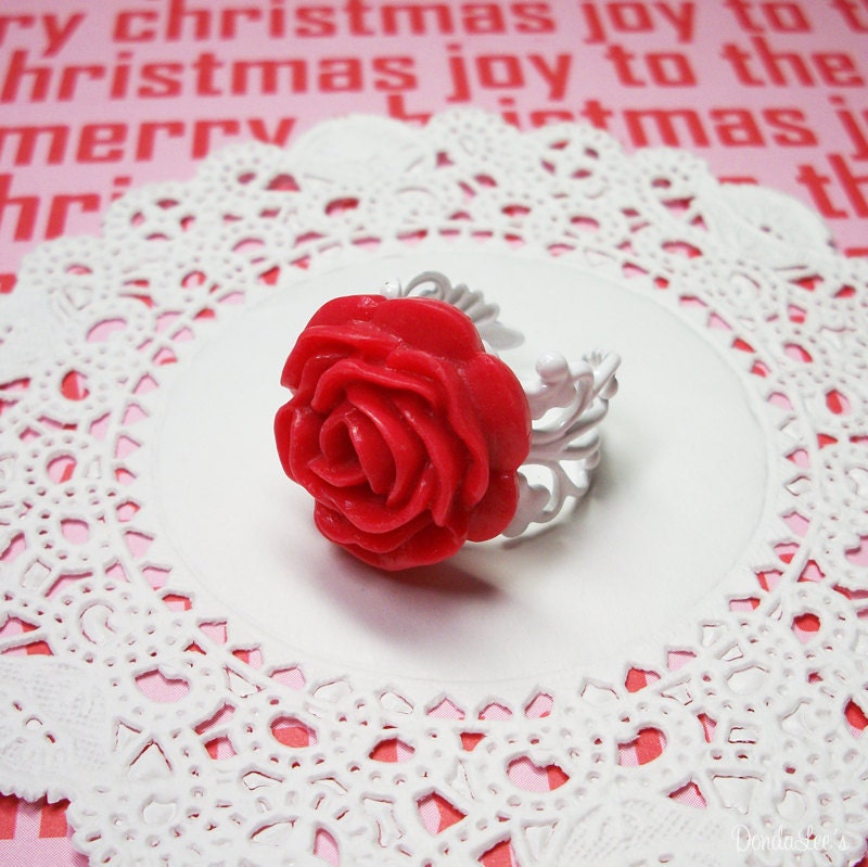 SALE Peppermint Rose- red and white adjustable rose ring