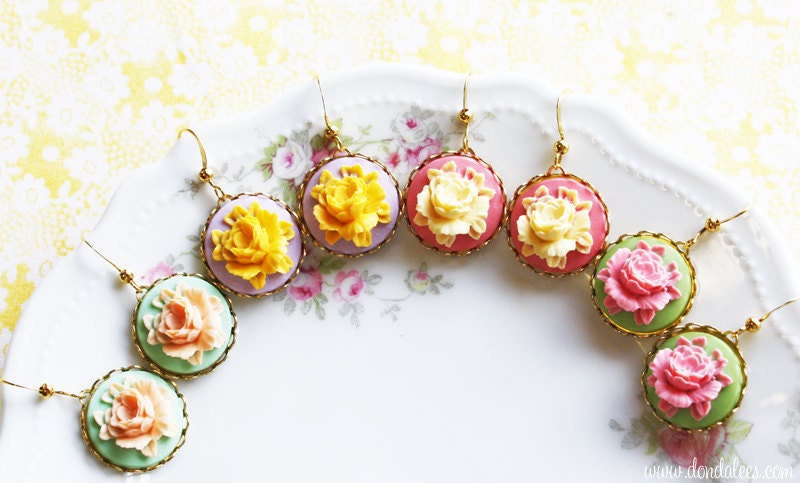 Sherbet Rose- Shabby Chic Cameo Flower Earrings- Vintage Style