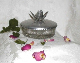 Cut Glass Vanity/Dresser/Powder Jar With Water Lily on Hammered Aluminum Lid