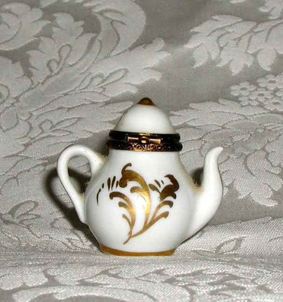 Limoges White Hand Painted Floral Miniature Teapot Trinket Box