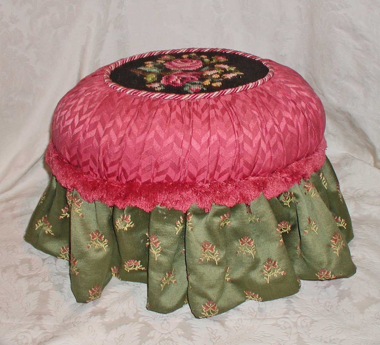 Victorian Style Decorative Footstool With Vintage Silk Cotton and Needlepoint OOAK