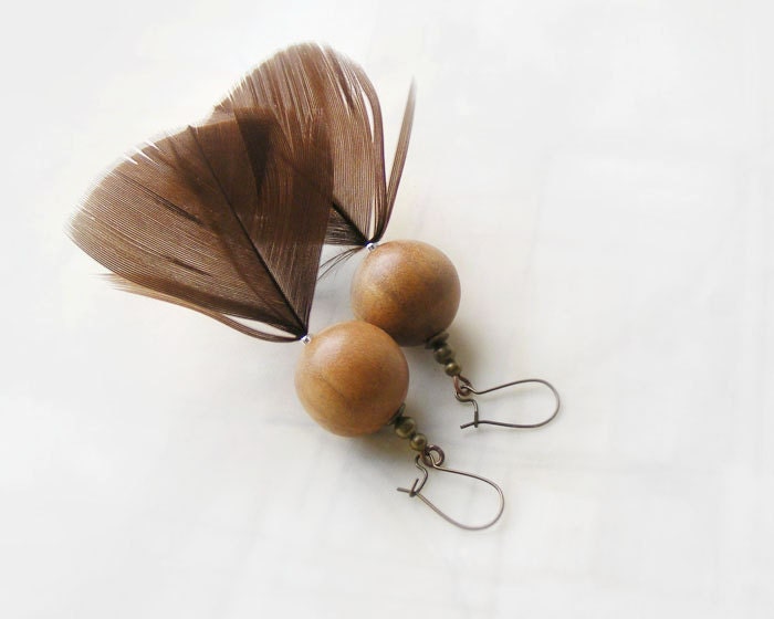 Bird fashion, Wood Feather Earrings, Brown with wood, ethnic jewelry
