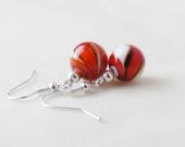 Red glass earrings, red orange white earrings, vintage style red earrings, nickel free