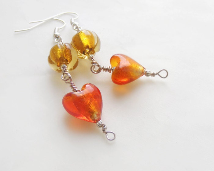 Orange earrings, ombre fall fashion, glass tangerine earrings, murano glass heart, burnt orange handmade earrings