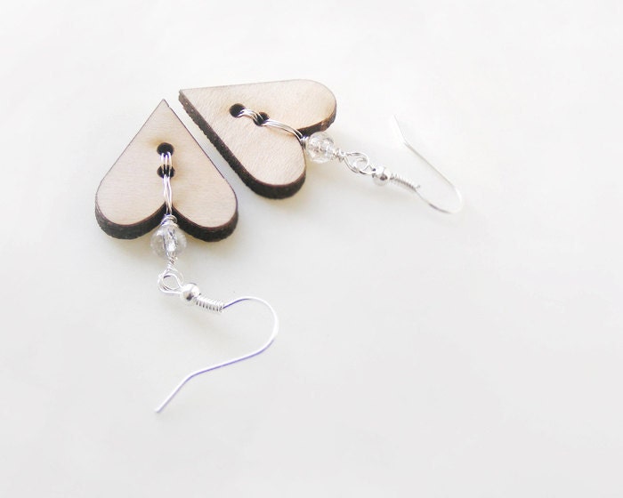 Wooden earrings, heart button earrings, button jewelry vintage, valentines day