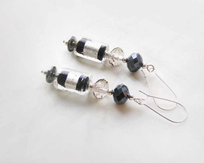 Black crystal Earrings, ooak murano glass earrings, free shipping
