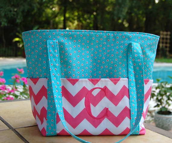 Pink and White Chevron with Turquoise Tote or Diaper Bag Made to Order with Nine Pockets and a Free Monogram