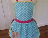 Girls Polka Dot Apron, Retro Robin Blue,Toddler Apron, Kids sizes 1-2 years, 2T-3T, 3-4, 4-5 years