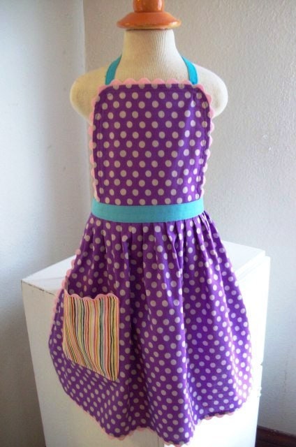 Girls Apron Purple Polka Dot w/  Rainbow Stripe, Toddler Apron, Kids, Mom & me Sets, sizes 1-2 , 2T-3T, 3-4, 4-5 years