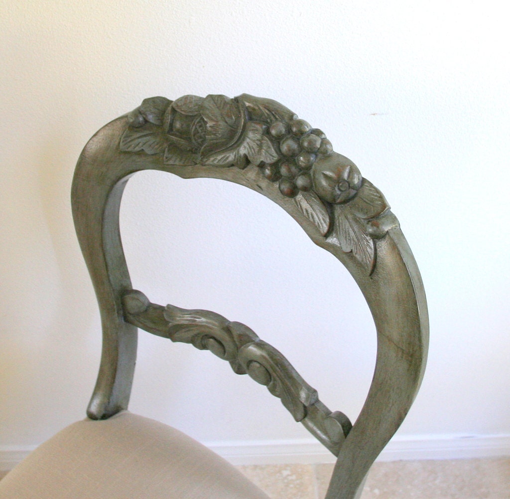 Vintage Cottage Chair Hand Carved New Linen seat