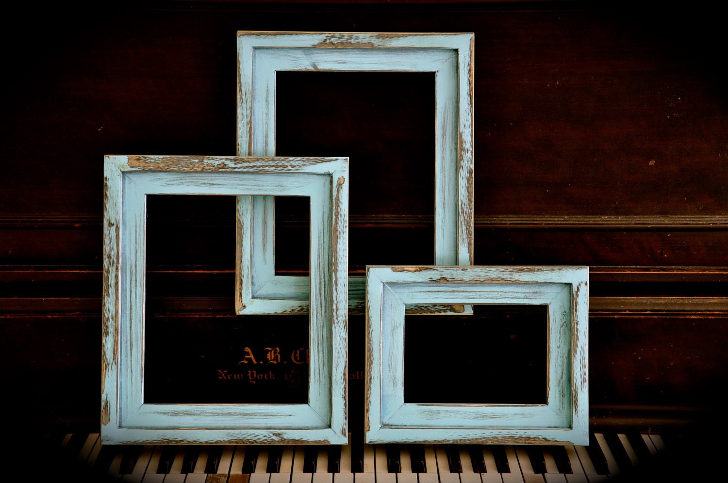 Picture Frame Collection 3 frames total...2) 8x10's ...1) 5x7 STACKED pine wood distressed picture frames...aqua blue...HANDMADE by moms
