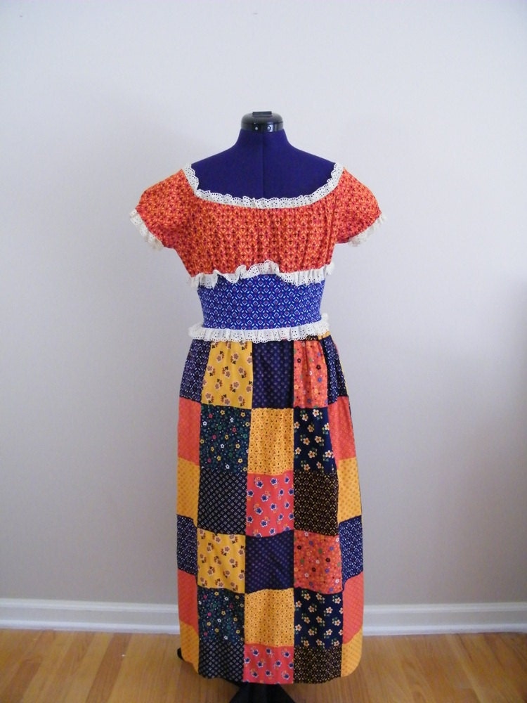 Vintage 1960s Hippie Maxi Dress / Patchwork Dress