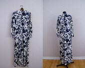 Vintage 1960s Maxi Dress / Blue Floral / Long Sleeves