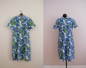 Vintage 1960s Floral Dress / Blue and Green Flowers / Psychedelic