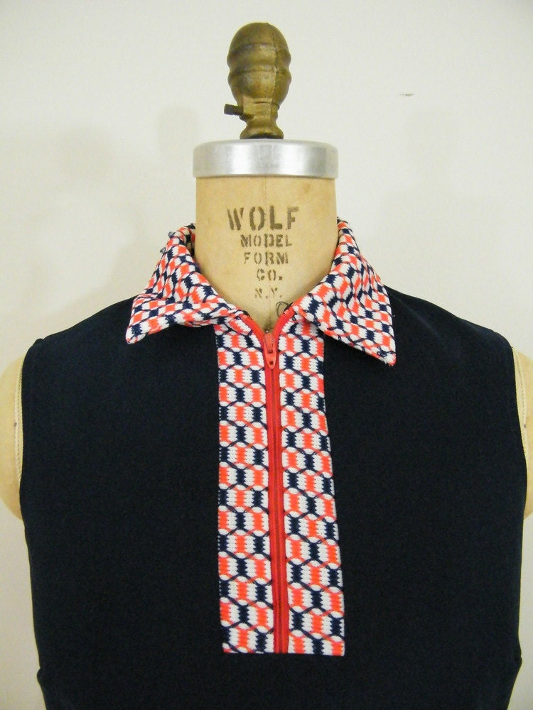 Vintage 1960s Red, White and Blue Sleeveless Shirt with Collar